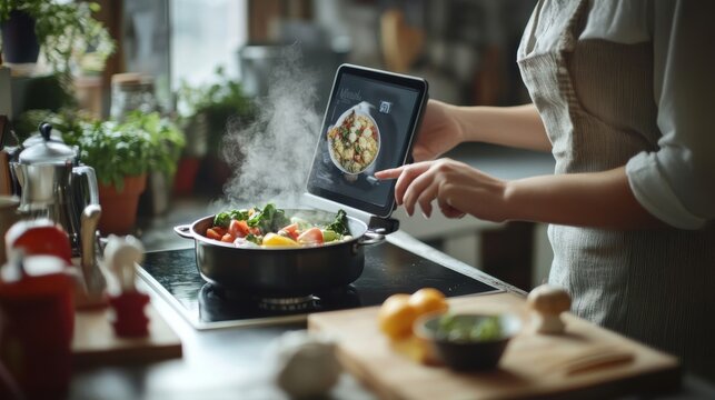 Enhancing Culinary Skills: Person Watching Educational Cooking Show on Tablet in Kitchen with Ingredients and Utensils, Simmering Pot on Stove