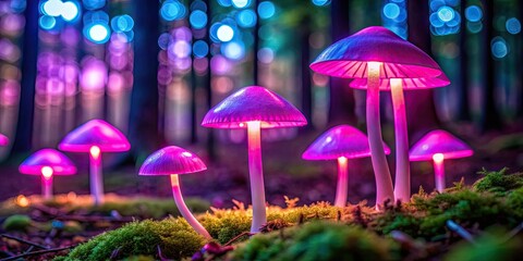 Glowing pink and purple mushrooms casting a neon light in the forest , magic mushrooms, psilocybin, acid trip, glowing, pink