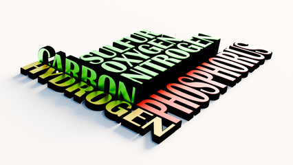 3d representation carbon hydrogen oxygen nitrogen phosphorus sulfur light background