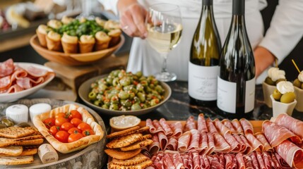Fototapeta premium Elegant Wine Tasting Event Featuring an Assortment of Gourmet Snacks Cheese and Charcuterie Displayed on a Rustic Wooden Table with Glasses and Bottles of Wine