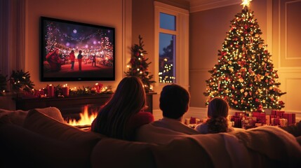 Festive Family Movie Night: Streaming Holiday Film in Cozy Living Room with Christmas Decor and Fireplace Ambiance
