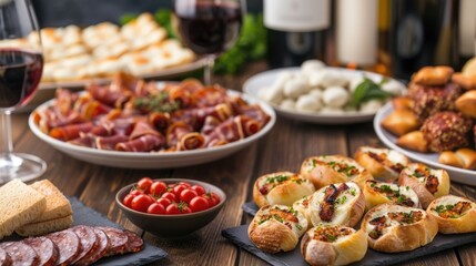 Obraz premium Lavish Wine Tasting Event with an Elaborate Spread of Gourmet Snacks and Deep Depth of Field Creating an Exclusive Sophisticated Culinary Experience for Discerning Guests