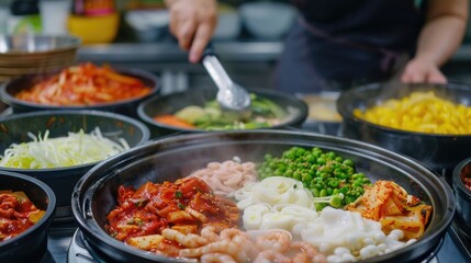 Obraz premium Steam Korean Hotpot Dining with Friends Cooking Together in Restaurant Bonding Over Shared Meal Prepared with Spicy and Savory Ingredients