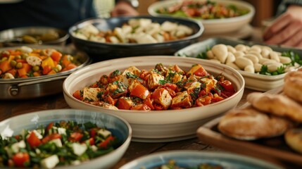 Fototapeta premium Photo of a diverse group of people enjoying a multicultural dinner gathering with an array of delicious dishes and cuisines served on the table The scene conveys a sense of community