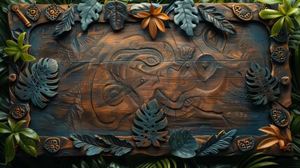 Intricate wooden artwork featuring detailed carvings of tropical leaves and tribal patterns, framed by lush greenery, showcasing craftsmanship and cultural motifs..