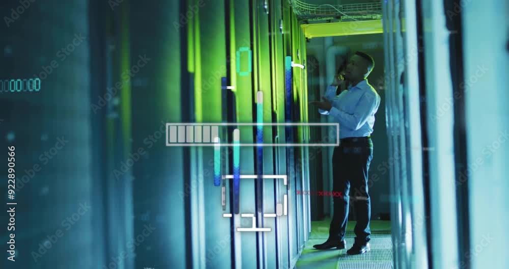 Poster man talking on phone in server room, data processing animation over servers