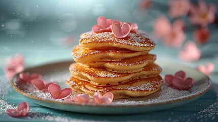 heap of heart shaped pancakes in plate on pastel blue background valentine s day breakfast.