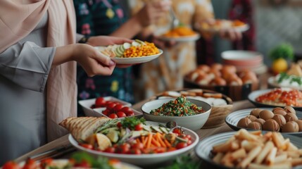 Vibrant Eid with Festive Muslim Family Gathering Around Sumptuous Spread of Traditional Dishes on Decorated Table