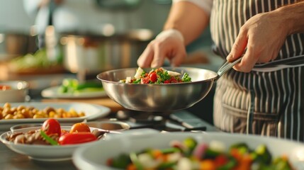 Naklejka premium Fusion cuisine with friends mixing different cultural ingredients and flavors together in a warm lively kitchen setting with a deep depth of field blurring the background