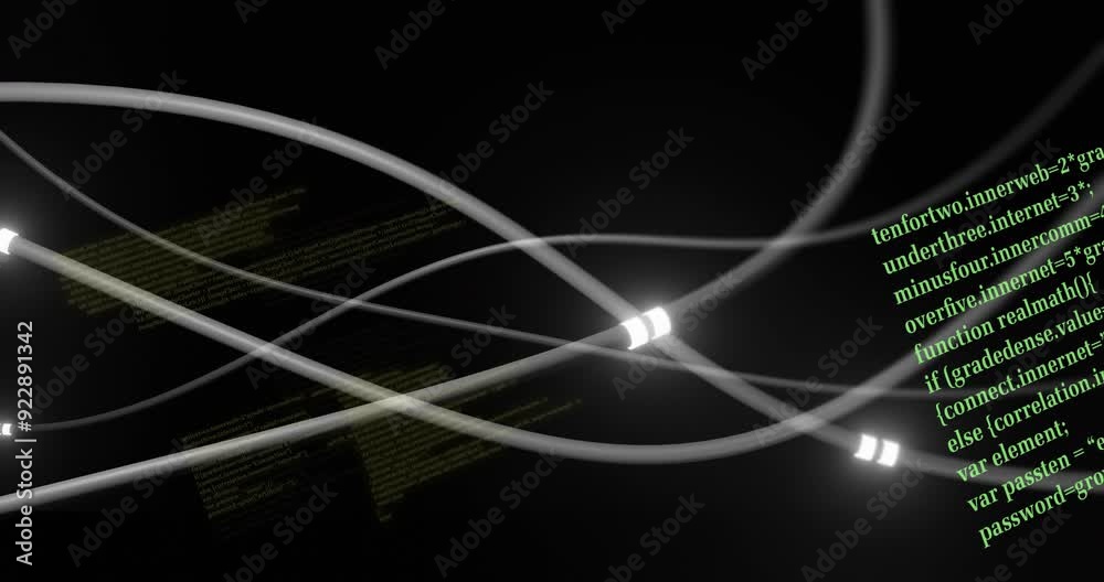 Poster green programming code animation over abstract white lines on black background