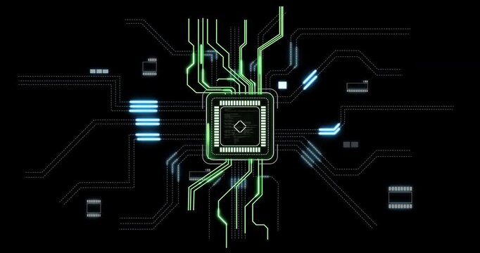 Microchip with green circuits and data flow animation on black background