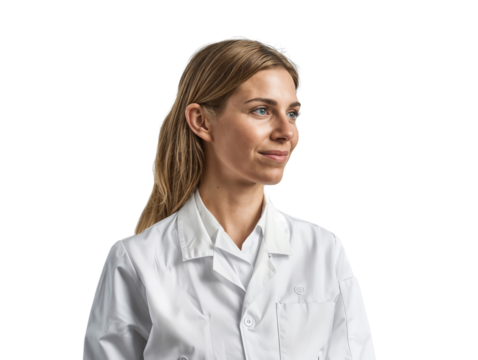 Portrait of a confident female scientist wearing a white lab coat, isolated on transparent background