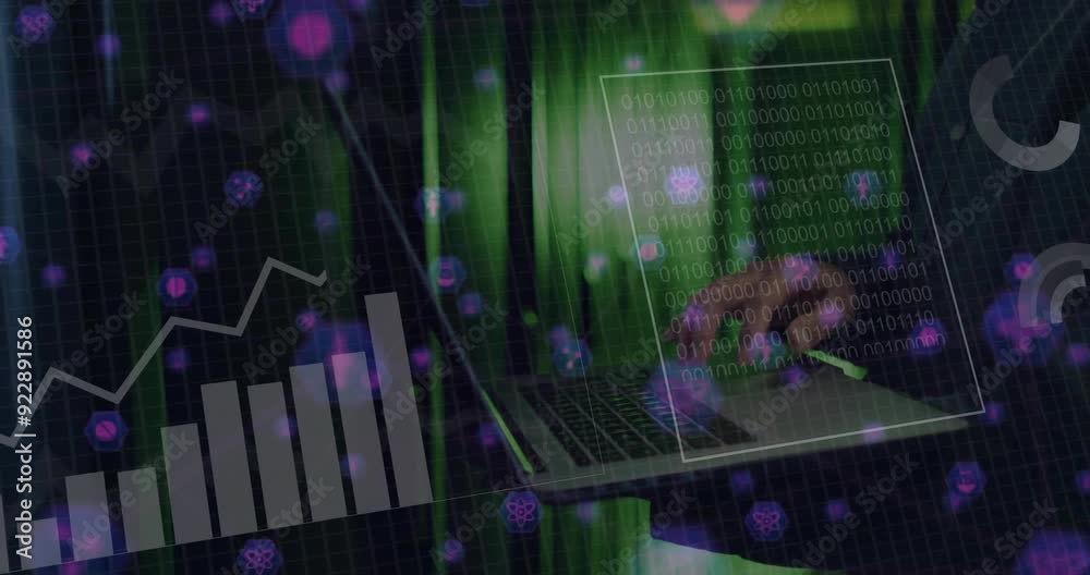 Poster Binary code and data analysis animation over person using laptop