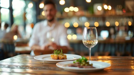 Obraz premium Cozy and Relaxed Dining Experience with Friends at an Upscale Sophisticated Restaurant with a Blurred Bokeh filled Background Evoking a Luxury Gastronomy focused Atmosphere
