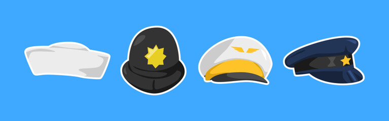Collection of sailor, police, pilot hat with flat style. Isolated on blue background. Vector illustration. © Irkhamsterstock