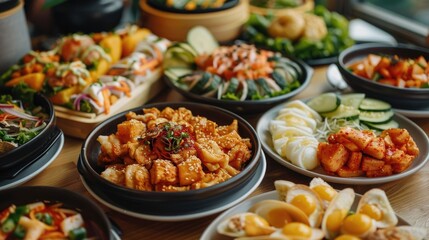Assortment of Vibrant and Flavorful Korean Snacks Beautifully Arranged on a Table in a Cozy Caf Setting Inviting Friends to Gather and Indulge in the Shared Culinary Experience