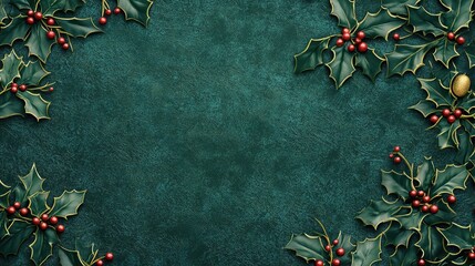 Holly Jolly Festive Frame: A vibrant emerald green background is elegantly adorned with sprigs of holly, their glossy leaves and festive red berries creating a charming border.
