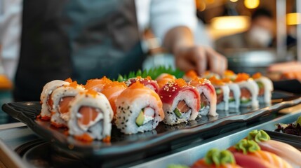 A group of friends gathered at a charming Japanese restaurant indulging in a delectable spread of freshly prepared sushi dishes