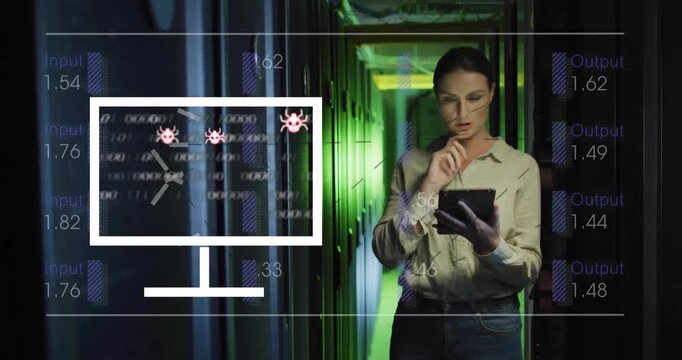 Cybersecurity threat animation over woman holding tablet in server room
