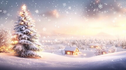 Winter Wonderland: A picturesque Christmas scene of a snow-covered village, adorned with twinkling lights and a majestic snow-laden Christmas tree.