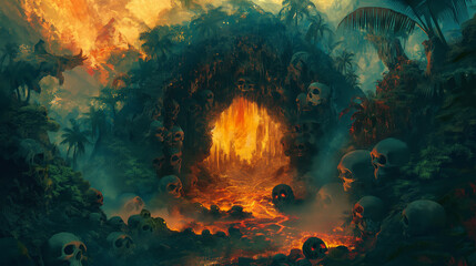 The tropical forest with Fantasy volcano cave portal background, game background, Illustration