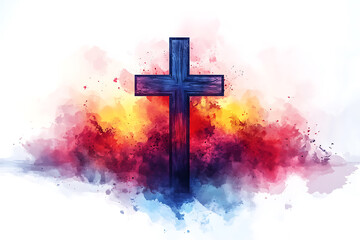 A vibrant watercolor cross in shades of red, orange, and blue, isolated on a white background, symbolizing faith and spirituality.
