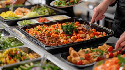 Obraz premium Wide selection of varied international dishes and cuisine options displayed on buffet table with plates glasses and utensils for sampling and sharing at a social dining gathering or event
