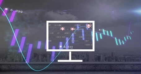 Computer virus icons animation over financial data and cityscape background - Powered by Adobe