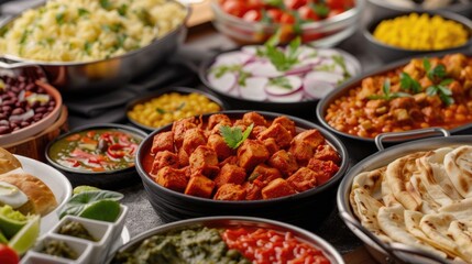 Fototapeta premium Group of friends gathered around an international buffet spread sampling a variety of delicious and diverse dishes from different cuisines and cultures
