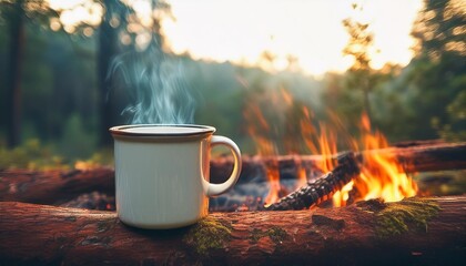 White enamel mug mockup with cozy campfire and forest behind, outdoor adventure scene. Empty mug mock up for design promotion. Graphic art illustration background