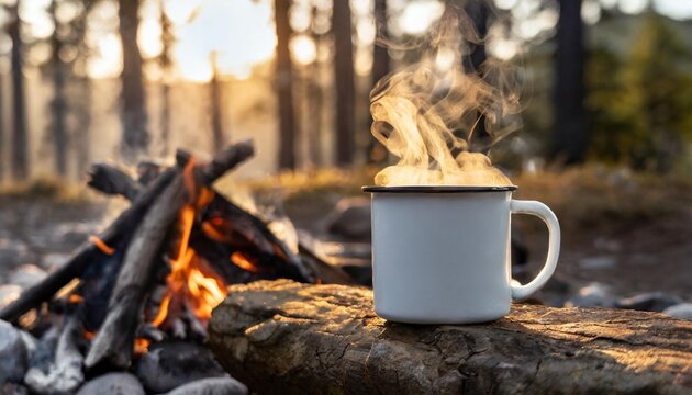 White enamel mug mockup with bonfire and forest behind, outdoor adventure scene. Empty mug mock up for design promotion. Graphic art illustration background