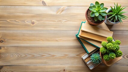 Top view of a stylish educational backdrop with a stack of books and potted plants, education, backdrop, top view, books