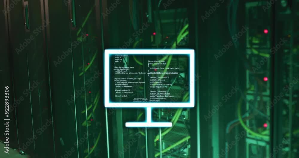 Poster computer screen with code animation over server racks in data center