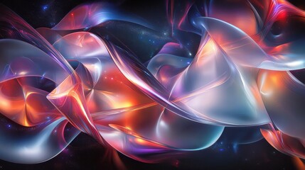 Abstract Galaxy with Swirling Glowing Lights and Stars in Dark Space.