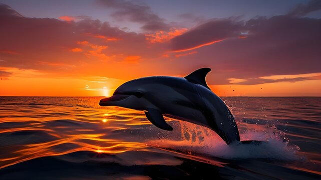 silhouette of a dolphin jumping at sunset
