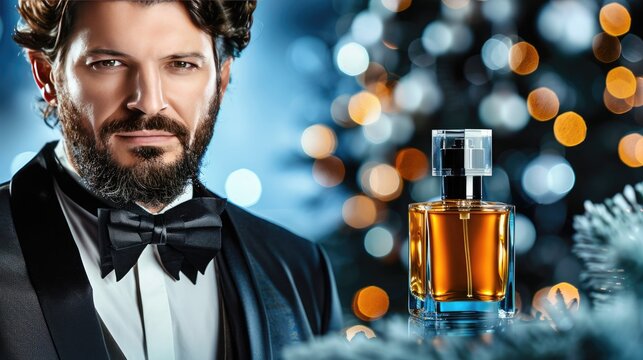 Elegant man in tuxedo with a perfume bottle, bokeh lights and festive decor, luxury and celebration concept.