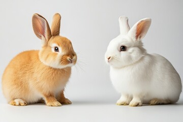 Obraz premium Orange and white rabbits sitting on a white background, close-up, soft fur and gentle expressions, minimalistic and cute animal portrait.