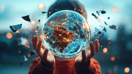 A child holding a globe surrounded by a protective shield with broken missiles outside