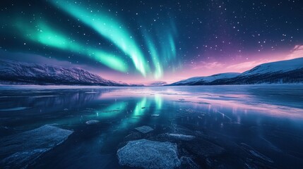Naklejka premium Stunning Aurora Borealis Display Over Frozen Lake and Mountain Range at Night.