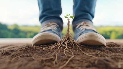A patient imagining roots growing from their feet, grounding them during therapy , earth backdrop