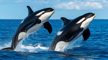 Obraz premium Two orcas leaping out of the water, marine life, synchronized movement.
