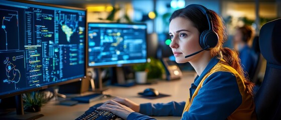 Focused woman in a headset monitoring screens, cybersecurity and data management, tech workspace.