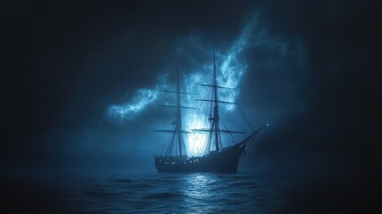 Fototapeta premium Silhouette of a Tall Ship Sailing Through a Foggy Night.
