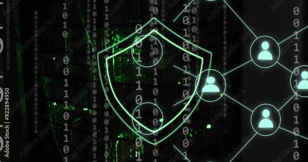 Poster green shield with binary code animation over dark digital background