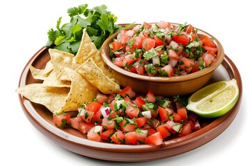 Plate of tasty Salsa with on white background.
