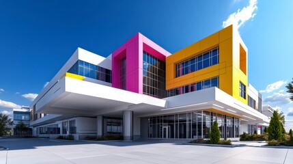 Modern building with colorful geometric design, contemporary architecture, bright exterior.