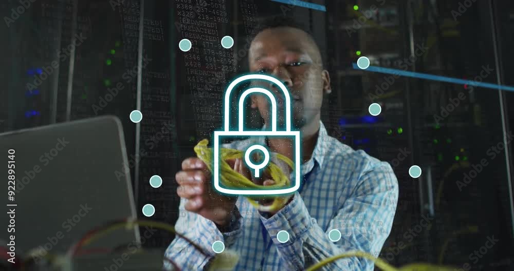 Poster lock and network security animation over man working with cables in server room