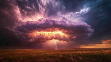Dramatic Thunderstorm Clouds with Lightning Over a Field at Sunset.