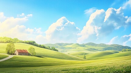Fototapeta premium Tranquil Countryside: A picturesque scene of rolling hills, lush greenery, and a charming house nestled amidst the landscape, under a breathtaking blue sky with fluffy clouds.