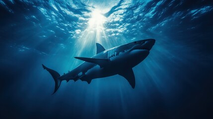 Fototapeta premium Great White Shark Swimming in Deep Blue Ocean with Sun Rays